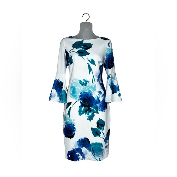 Calvin Klein floral bell-sleeve sheath dress white blue floral pattern - Picture 3 of 12